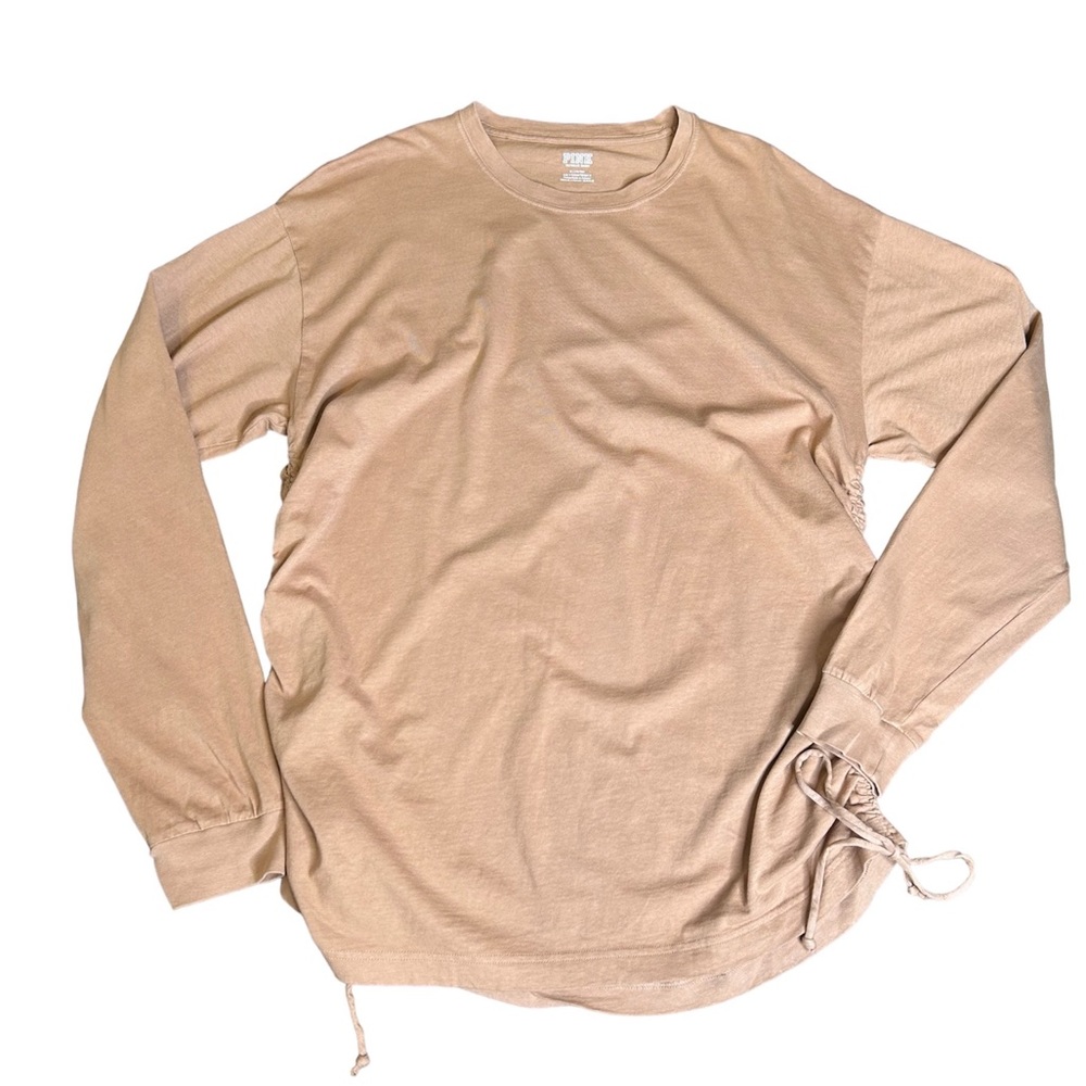 VS PINK Tan Ruched Sides Cotton Campus Long Sleeve Tee Large NWT
